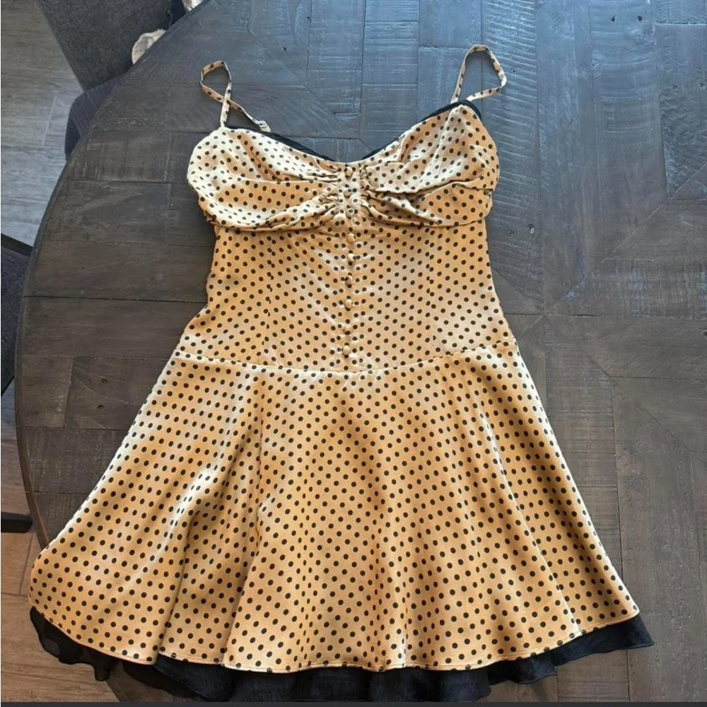 Reformation Ursula Dress - Polka Dot Tan Sundress with Black Mesh Trim - Picture 2 of 3